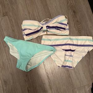 Kate spade stripe bow bikini set. Cream, purple and turquoise. 2 bottoms. Medium